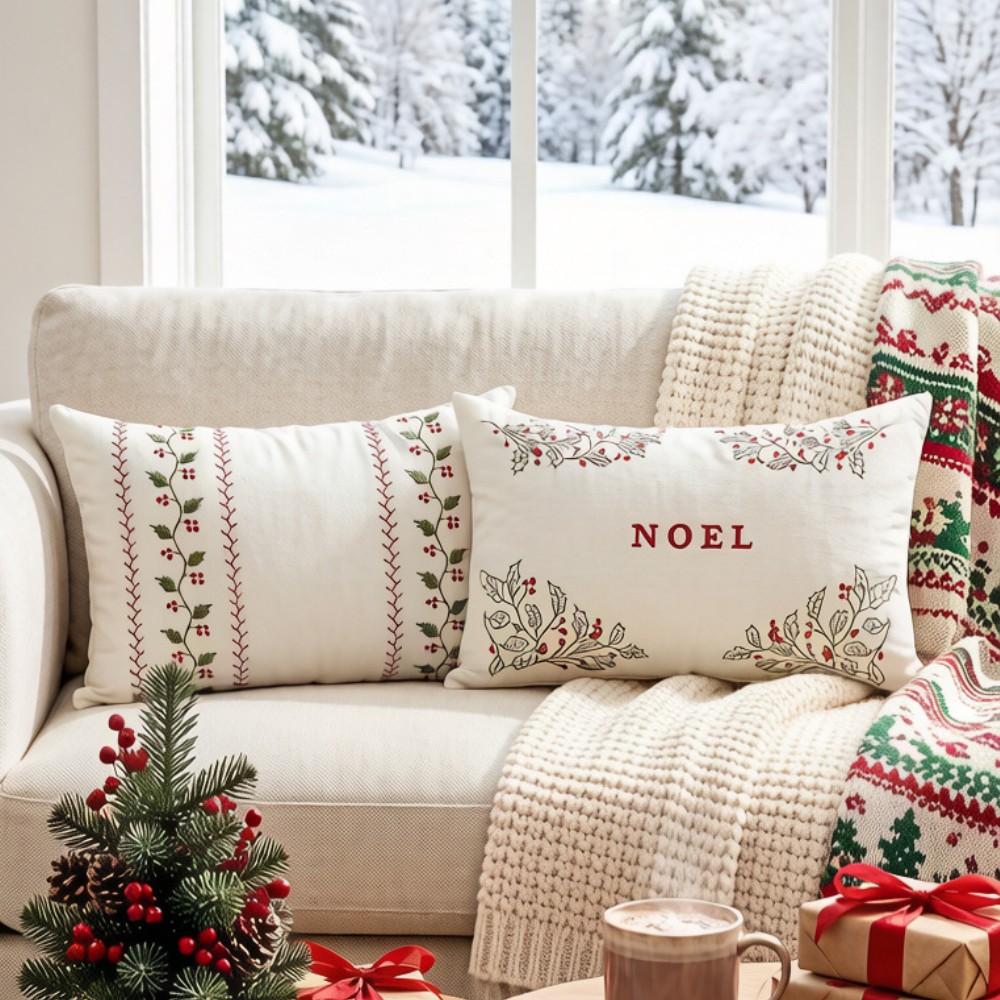 Embroidery Xmas Decorations - Funda de Cojín Bordada en Rojo,